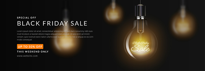 Black friday sale banner, glowing lamp bulb hanging on black background. Design for digital online marketing, 3d realistic vector illustration