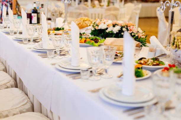 istock Table set for an event party or wedding reception. Glasses stand 1420680199