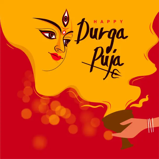 Vector illustration of Devotees performing the traditional 'dhunuchi dance' which was organised at a Durga Puja Pandal