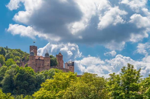 Wertheim, Germany - July 19, 2021:  Panorama with the Castle seen from the river Main