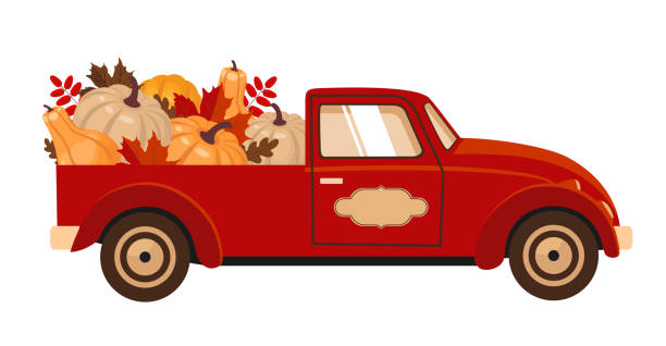 ilustraciones, imágenes clip art, dibujos animados e iconos de stock de calabaza otoño coche rojo - car white background isolated on white orange
