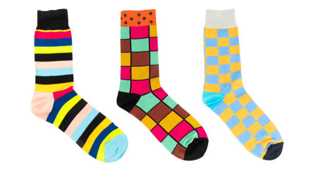 istock One sock with different lines isolated on white background. Colorful sock son white background. Colored socks on the leg isolated on white background 1420691997
