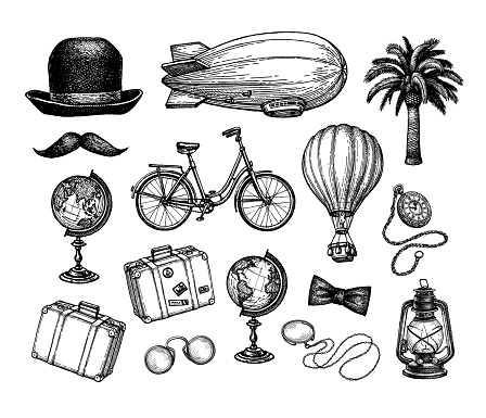 Vintage collection of things for the traveler. Retro style ink drawing set isolated on white background.