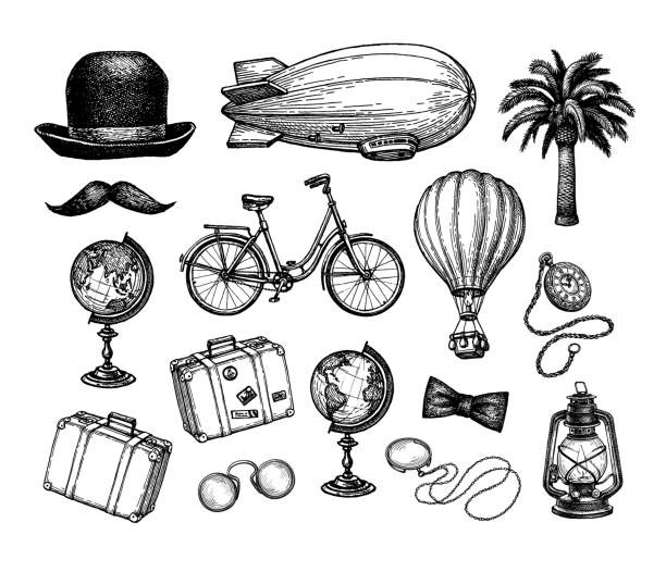 Vintage traveler set. Vintage collection of things for the traveler. Retro style ink drawing set isolated on white background. old oil lamp stock illustrations