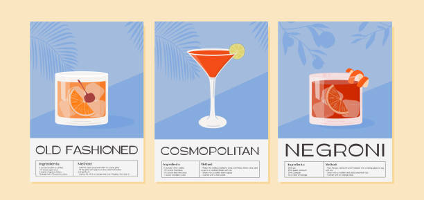 illustrazioni stock, clip art, cartoni animati e icone di tendenza di poster di arte murale old fashioned, negroni e cosmopolitan cocktail. bevanda alcolica guarnita con arancia, lime e ciliegia. aperitivo estivo stampa tropicale verticale. illustrazione vettoriale minimalista. - cocktail