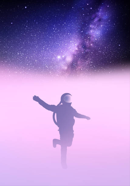 Lonely astronaut Cosmonaut in fog waves. Man in spacesuit. Milky Way astronaut silhouettes stock illustrations