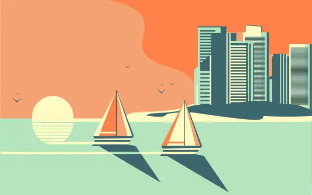 Vector illustration of Beautiful sunset or sunrise landscape. Yachts or a sea regatta sail or compete against the backdrop of the setting or rising sun. Near the city landscape