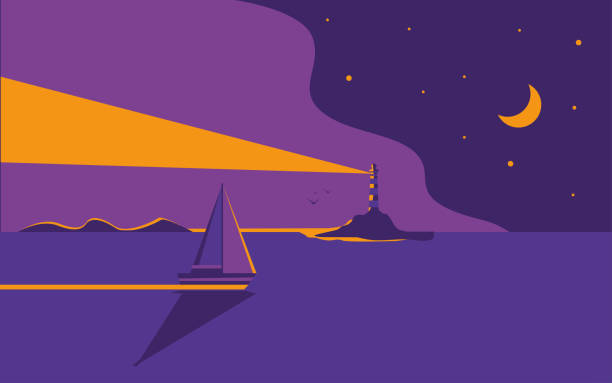 illustrazioni stock, clip art, cartoni animati e icone di tendenza di bellissimo paesaggio marino notturno. un faro sulla riva e uno yacht o una nave marittima naviga nelle vicinanze sullo sfondo del cielo notturno - backdrop old fashioned outdoors yacht