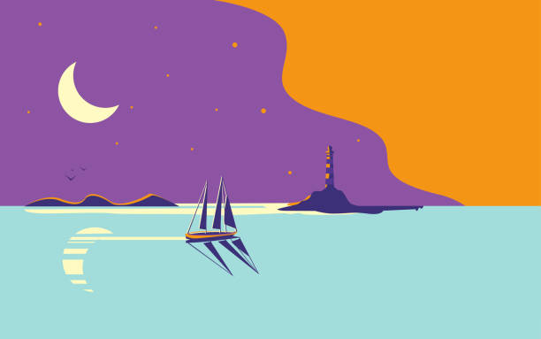 illustrazioni stock, clip art, cartoni animati e icone di tendenza di bellissimo paesaggio marino notturno. un faro sulla riva e uno yacht o una nave marittima naviga nelle vicinanze sullo sfondo del cielo notturno - backdrop old fashioned outdoors yacht