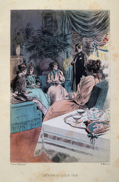 ilustraciones, imágenes clip art, dibujos animados e iconos de stock de fiesta del té de la tarde, victoriano del siglo 19, francés - tea women tea party afternoon tea