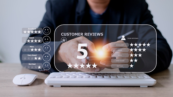 User gives rating to service experience on online application, Customer review satisfaction feedback survey concept, Customer can evaluate the quality of service leading to reputation ranking of the business.