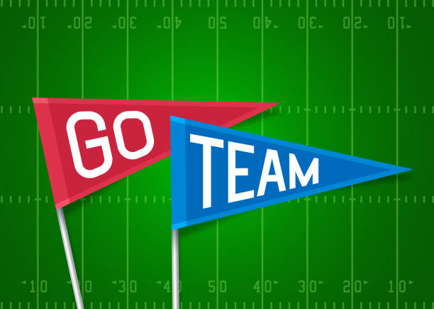 Go Team Pennant Flag Cheering Football Field Background Go team sports college team or school or tailgating celebration pennant flag with copy space. tail gate stock illustrations