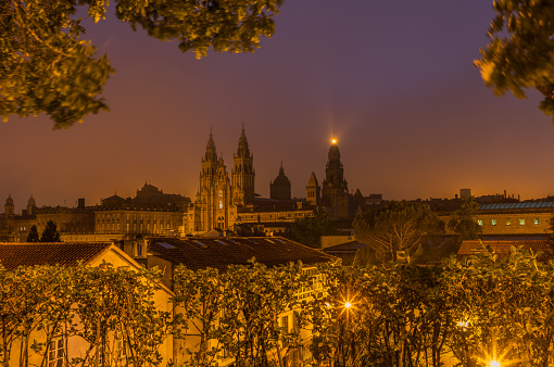 Cathedral of Santiago de Compostela from Alameda Park before sunrise
