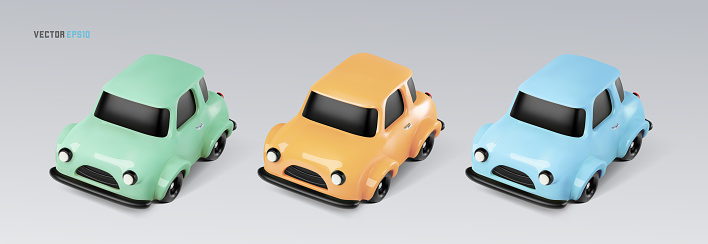 Vector 3d cartoon colorful toy vehicle cars on light background. Collection of mini model cars