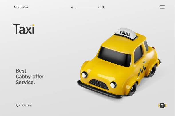 city taxi 3d vector graphics. isometric yellow cab ui ux landing page concept - taksi stock illustrations