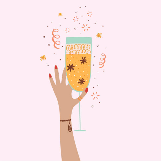 와인 소녀. 샴페인 소녀 샴페인 안경 토스트. 귀여운 만화 와인 잔 고립 된 요소. 소녀 파티 축하. 여자 손은 샴페인 한 잔을 들고 있습니다. 벡터 일러스트레이션. 생일 축하. - pink champagne illustrations stock illustrations