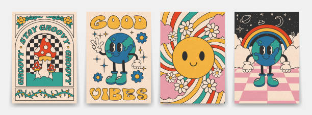 bildbanksillustrationer, clip art samt tecknat material och ikoner med bright groovy posters 70s. retro poster with psychedelic mushrooms, planet character, sunburst clouds and flowers and rainbow, vintage prints, isolated - cool attitude