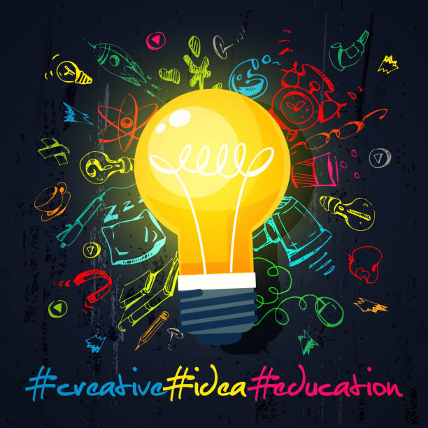 istock The concept of elementary education, learning in a flat style. A glowing electric light bulb with multi-colored freehand drawings on the background of a slate board. Stylish illustration for online order, web page, app design. 1420714136