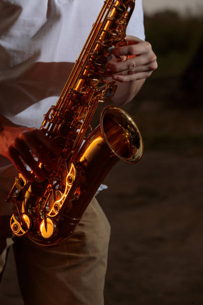 istock Hands and saxophone close up. The guy plays a wind instrument 1420715114