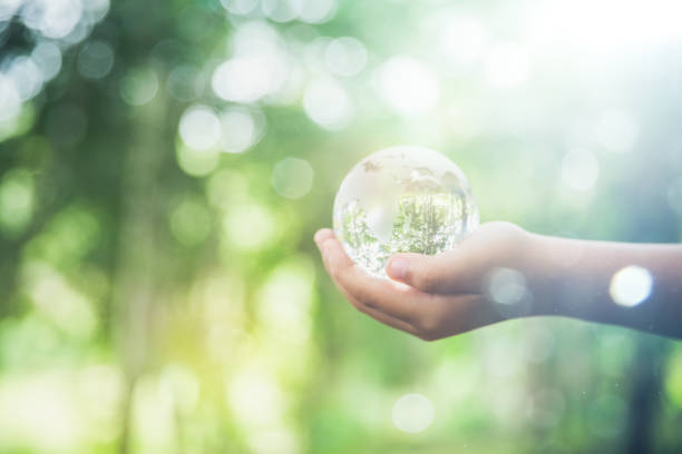 istock Human hands holding earth sphere crystal or sustainable globe glass with sunlight at green nature background in ecology environment forest. concept of conservation environmental, protection planet. 1420716633