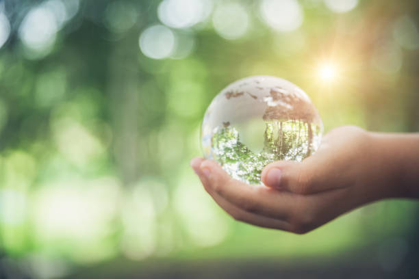 istock Human hands holding earth sphere crystal or sustainable globe glass with sunlight at green nature background in ecology environment forest. concept of conservation environmental, protection planet. 1420716679