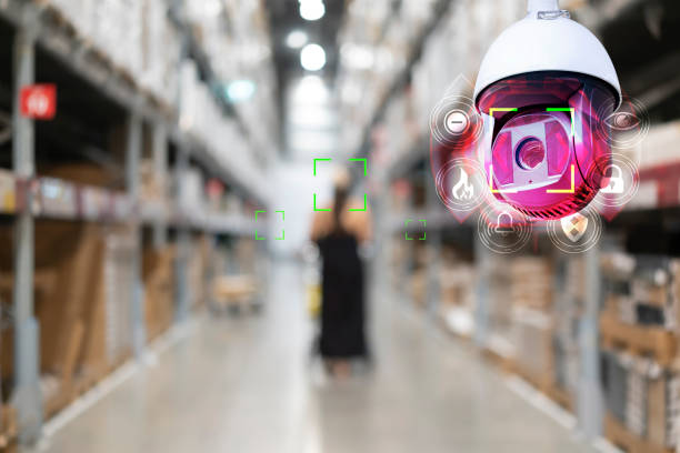 Cctv. security camera motion detect system operating in warehouse interior with product on shelves in shopping mall, cctv solution management stock photo