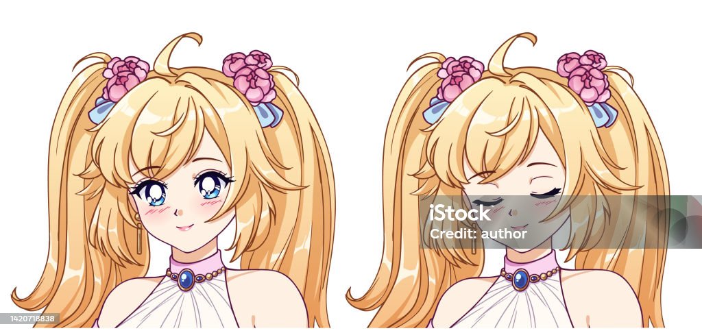 Cute Anime Princess Icon User Avatar Opened And Closed Eyes Blonde Hair And  Pink Dress Vector Illustration Set Stock Illustration - Download Image Now  - iStock
