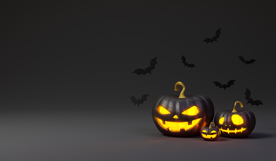 Three halloween Jack O' Lantern black pumpkins. 3d illustration