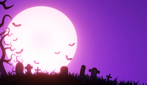 Night, full moon and bats, banner. Colorful scary Halloween 3d illustration. stock photo