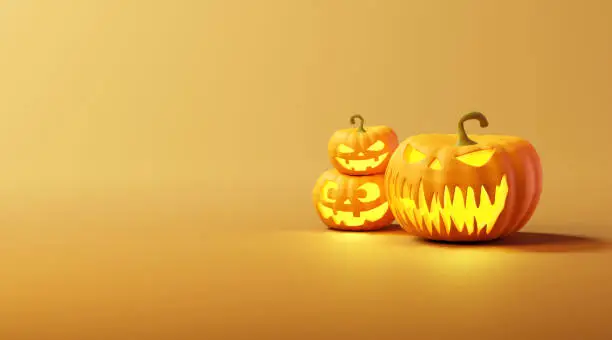 Three halloween Jack O' Lantern pumpkins. 3d illustration