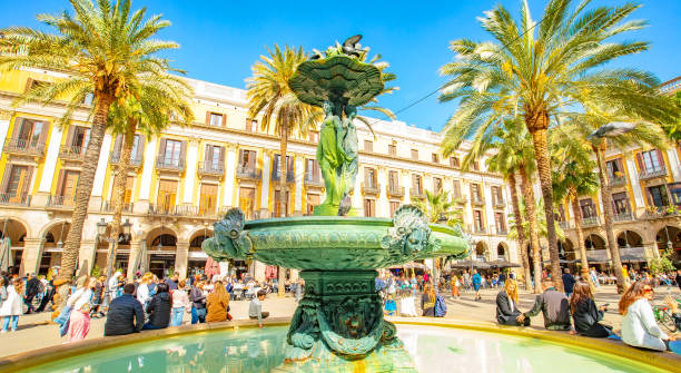 Placa Reial in Barri Gotic of Barcelona, Spain Barcelona, Spain - 9 April, 2022: Panorama of Placa Reial in Barri Gotic of Barcelona, Spain barcelona province stock pictures, royalty-free photos & images