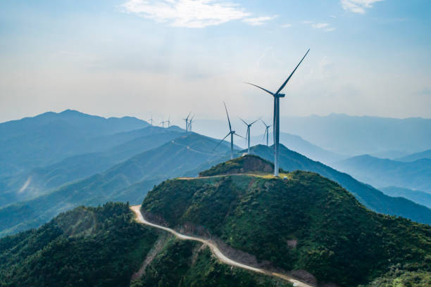 Wind power equipment at sunset on the mountain
