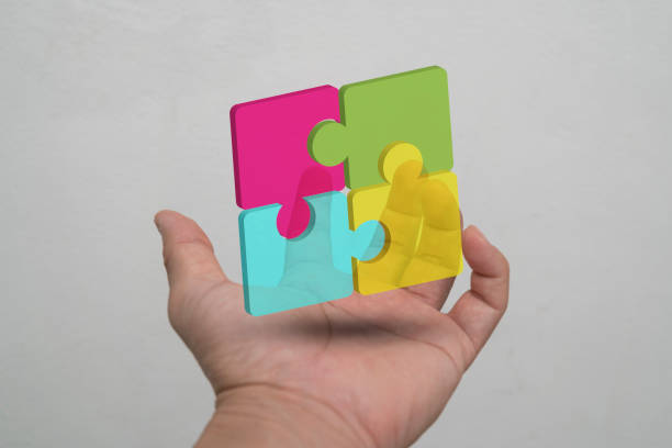 istock Four puzzle pieces make up a square for a business choice idea. 1420724073