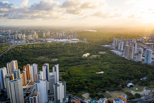 Aerial view of Cocó park in the middle of the city surrounded by buildings in sunset time
