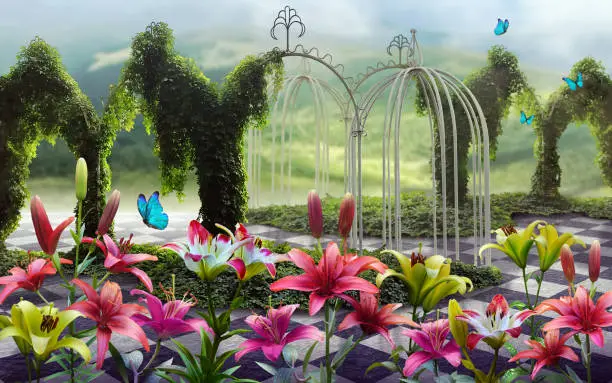 Photo of Beautiful summer landscape of  wonderland.Fantastic mystical garden with  lilies and butterflies