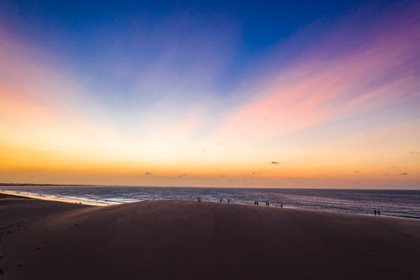 Aerial view of the sunset in the sea and the beach of Jericoacoara