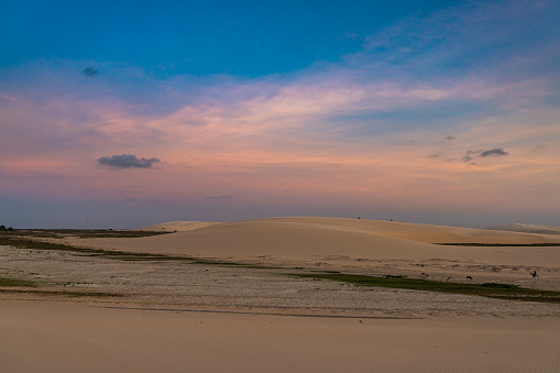 View from above of the Sand Dunes natural reserve of Jericoacoara in sunset time with colored sky