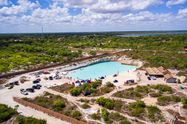 Aerial view of the Blue hole, an accidental lagoon in a limestone soil that leaves the water blue.