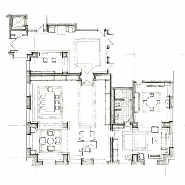 illustrations, cliparts, dessins animés et icônes de plan architectural des bureaux administratifs. dessin de la salle de conférence. vue de dessus avec un ensemble de meubles et d’équipements de plomberie. vecteur - interior designer