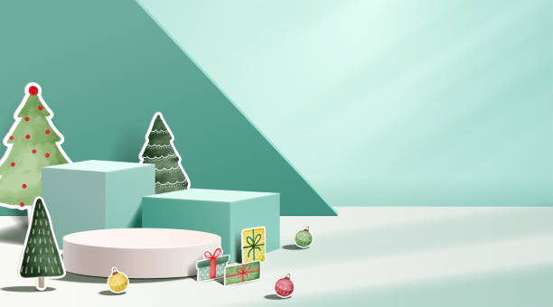 Podium for show product display.winter Christmas decoration on green background with tree xmas. 3D vector Podium for show product display.winter Christmas decoration on green background with tree xmas. 3D vector. simple celebrate background stock illustrations