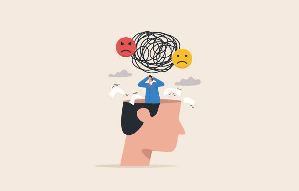 istock Stress burden from overwork. mental problems, anxiety. Businessman has heavy messy line  in his brain. 1420731809