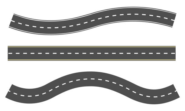 도로 벡터 아이콘 집합입니다. 직선과 곡선 고속도로. 표시가있는 도로. 스트립이있는 회색 아스팔트. - 아스팔트 stock illustrations