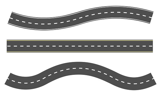 Set of roads vector icons. Straight and curved highway. Road with marking. Grey asphalt with strips.  Top view.
