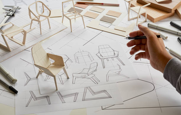 istock Designer sketching drawing design development product plan draft chair armchair Wingback Interior furniture prototype manufacturing production. designer studio concept . 1420734165