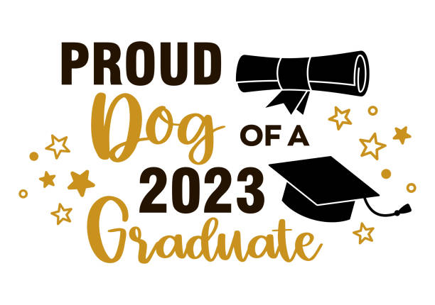 stolzer hund eines 2023-absolventen. trendige kalligraphie-inschrift mit schwarzem hut - dog graduation hat school stock-grafiken, -clipart, -cartoons und -symbole