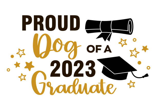 illustrations, cliparts, dessins animés et icônes de fier chien d’un diplômé de 2023. inscription calligraphiée tendance avec chapeau noir - dog graduation hat school