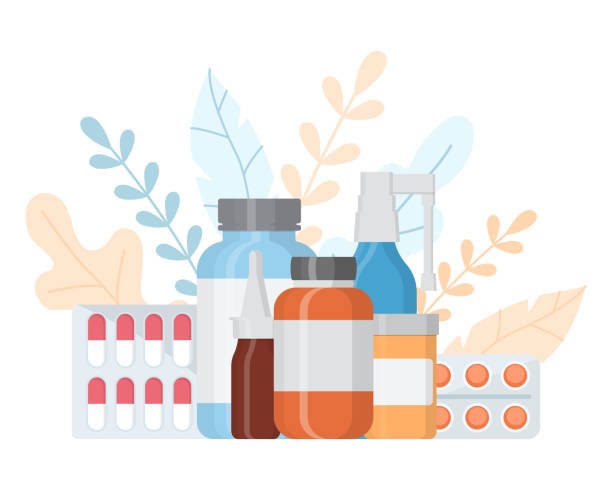 illustrations, cliparts, dessins animés et icônes de une bouteille de vitamines, comprimés, pilules pour le rhume saisonnier, traitement, pharmacie. style plat - complément vitaminé