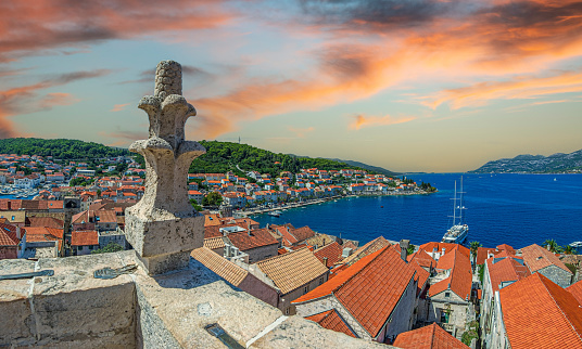 View from the tower of the church of St. Marco of the medieval town of Korcula in Croatia