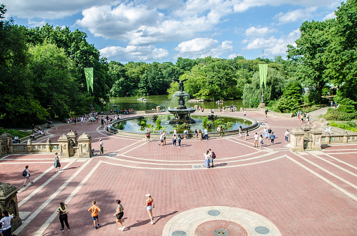 Crowd at Bethesda Fountain in Central Park during summer day