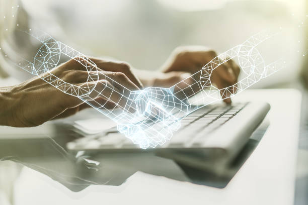 istock Double exposure of blockchain technology with handshake hologram and hands typing on laptop on background. Research and development decentralization software concept 1420741114